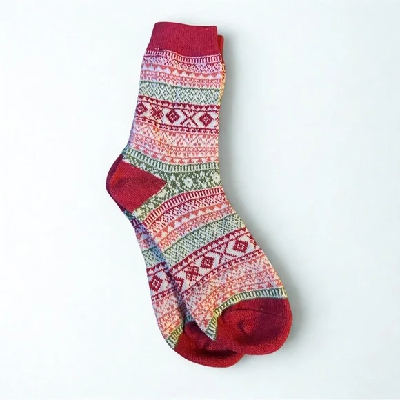 Alpaca Cotton & Wool Knit Socks — Red/Green Fair Isle Pattern — NEW - Picture 2 of 2